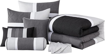 Chezmoi Collection Upland 7-Piece Quilted Patchwork Comforter Set, Black/Gray/Light Gray, Full
