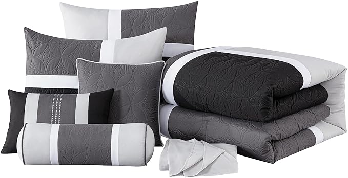 Chezmoi Collection Upland 7-Piece Quilted Patchwork Comforter Set, Black/Gray/Light Gray, King