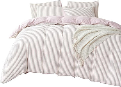 King Size Comforter Set Striped Light Purple Soft Luxury Washed Microfiber Jacquard 3 Pieces Bedding Purple Vertical Ticking Stripes Comforter with 2 Pillowcases Breathable Durable Comfy