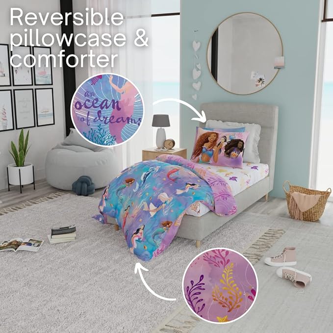 Disney's The Little Mermaid Ariel Live Action Movie Kids Bedding Super Soft Comforter and Sheet Set with Sham, Twin, (100% Official Licensed Product) By Franco