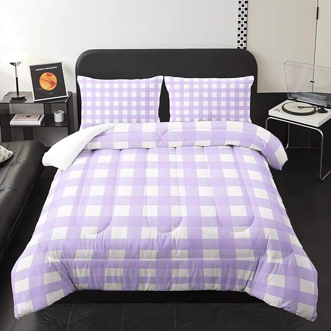 Gingham Comforter Set for Girls,Light Purple Kawaii Plaid Checkered Bedding Full Size,Modern Geometric Bedding for Women Girls Kids,Farmhouse Grid Bed Comforter Set 1 Quilt 2 Pillowcases