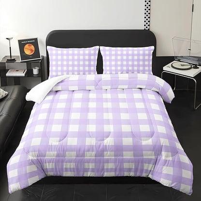 Gingham Comforter Set for Girls,Light Purple Kawaii Plaid Checkered Bedding Twin Size,Modern Geometric Bedding for Women Girls Kids,Farmhouse Grid Bed Comforter Set 1 Quilt 2 Pillowcases