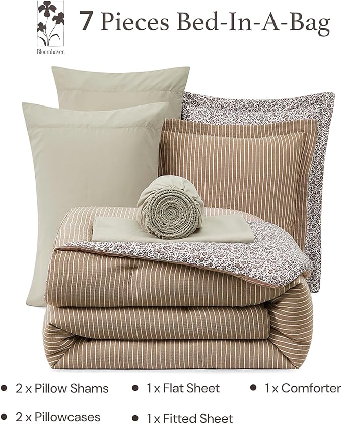 Full Comforter Set - 7 Pieces Dark Brown Gauze Muslin Bedding Sets for All Seasons, Lightweight Breathable Bed in a Bag Full with Revesible Farmhouse Comforter, Sheets, Pillowcases & Shams