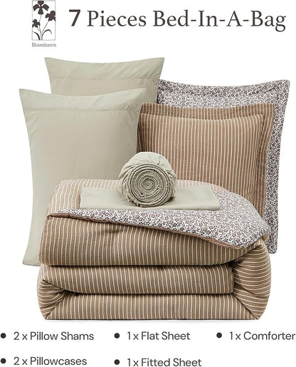Full Comforter Set - 7 Pieces Dark Brown Gauze Muslin Bedding Sets for All Seasons, Lightweight Breathable Bed in a Bag Full with Revesible Farmhouse Comforter, Sheets, Pillowcases & Shams