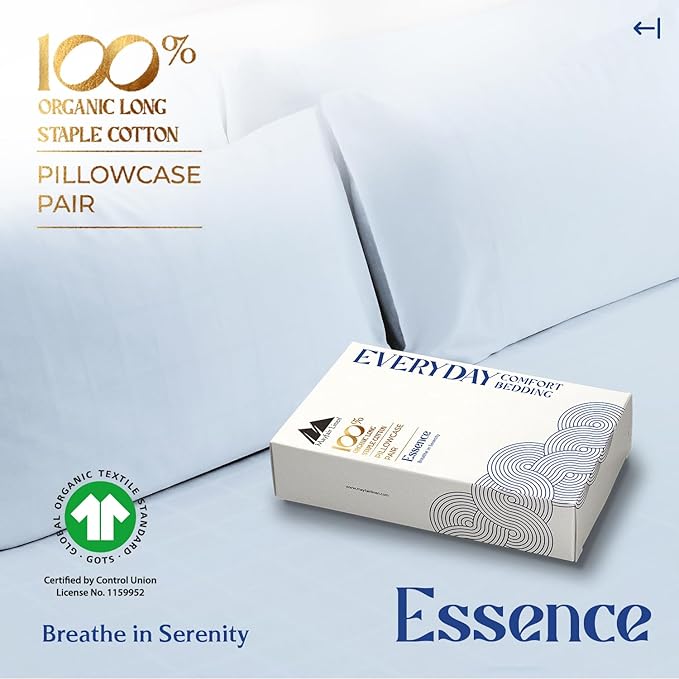 Mayfair Linen 100% Organic Cotton King Size Pillow Cases Set of 2 - Soft Hotel Quality Covers for King Size Pillows (Light Blue), Authentic GOTS Certified, Crisp, Cooling Percale Cotton Pillowcases