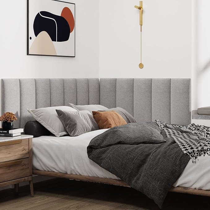 IFNOW Wall Mounted Headboard, Peel and Stick Panels, Medium Gray, Queen | 3D Soundproof Acoustic Padding, Reusable and Removable Tufted fabric Bed Headboard for bedroom (9 Panels, 10" x 24")