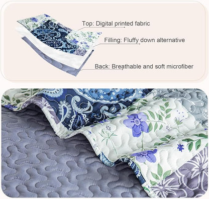 Whale Flotilla Patchwork Quilt Twin Size, Soft Boho Floral Bedspreads for Bed Reversible Lightweight Twin Quilt Bedding Set Coverlets with 1 Pillow Sham for All Seasons, Paisley Flowers