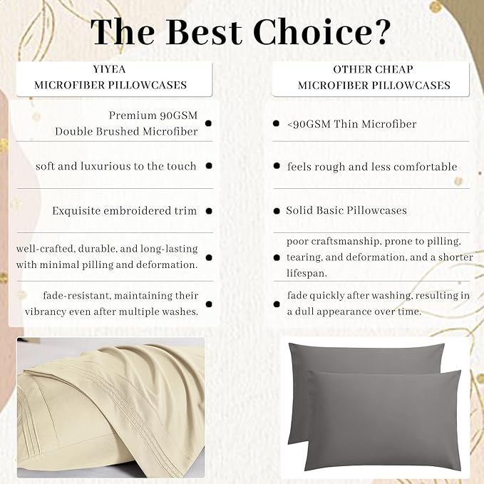 YIYEA Pillow Cases Queen Size Set of 4, Ultra Soft 1800TC Hotel Quality Double Brushed Microfiber Embroidered Pillowcases, Envelope Closure, Fade Resistant (20"x30", Cream)