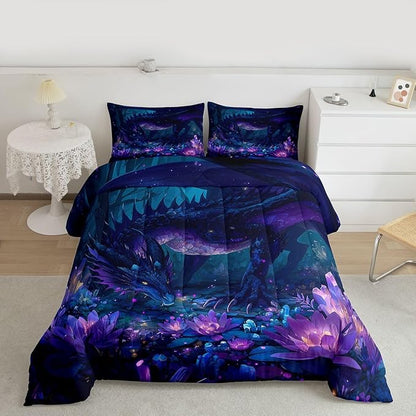 Feelyou Dragon Comforter Set Full Size Dragon Stuff Bedding Set for Kids Boys Girls Wild Life Duvet Quilt Magic Wildlife Bedroom Decor Purple and Black Microfiber 3 Pcs with 2 Pillow Cases