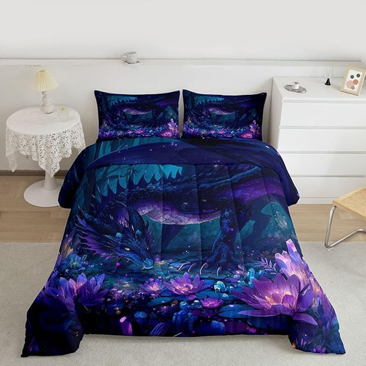 Feelyou Dragon Comforter Set Queen Size Dragon Stuff Bedding Set for Kids Boys Girls Wild Life Duvet Quilt Magic Wildlife Bedroom Decor Purple and Black Microfiber 3 Pcs with 2 Pillow Cases