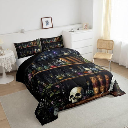 Sugar Skull Comforter Set King Size,Retro Wooden Bookshelf Bedding Set 3Pcs for Kids Teens Girls Boys Room Decor,Magical Gothic Style Quilted Duvet Boho Floral Down Comforter,2 Pillowcases