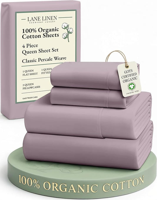 LANE LINEN Queen Size Sheets Set, 100% Organic Cotton Sheet Set, 4 Pc Queen Sheets, Percale Weave, Breathable Hotel Quality Queen Size Deep Pocket Cooling Sheet, Oeko-Tex Sheets - Lilac