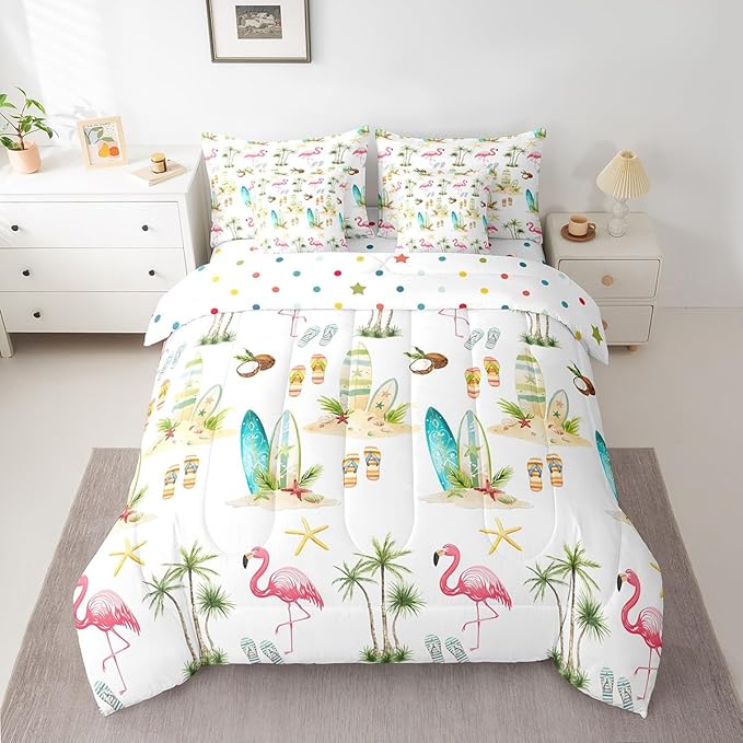 Summer Seaside Beach Reversible 7 Pieces Comforter Set,Tropical Coconut Tree Bed Sheet Set for Kids Teens Boys,Hawaiian Flamingo Surfboard Bedding Set with Comforter,Fitted & Flat Sheet,King