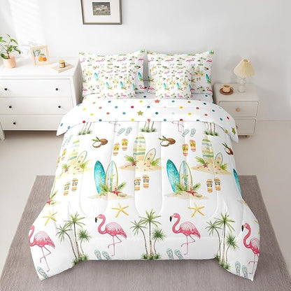 Summer Seaside Beach Reversible 7 Pieces Comforter Set,Tropical Coconut Tree Bed Sheet Set for Kids Teens Boys,Hawaiian Flamingo Surfboard Bedding Set with Comforter,Fitted & Flat Sheet,King