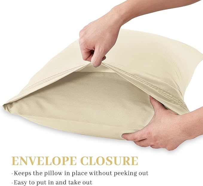 YIYEA Pillow Cases Queen Size Set of 4, Ultra Soft 1800TC Hotel Quality Double Brushed Microfiber Embroidered Pillowcases, Envelope Closure, Fade Resistant (20"x30", Cream)