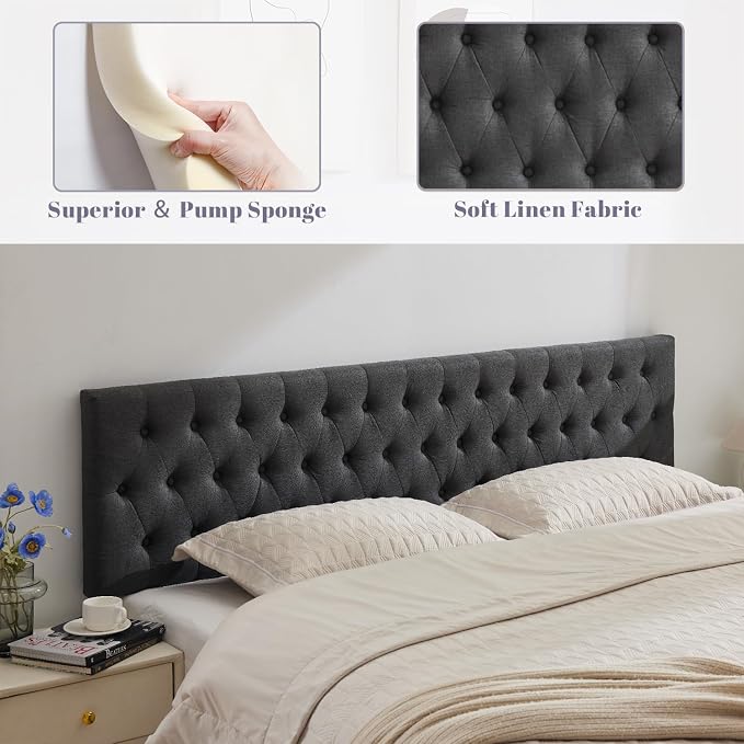 Tufted Upholstered Twin Size Bed Headboard in Modern Button Design, Adjustable Solid Wood Head Board, Premium Linen Fabric Padded Headboards in Bedroom (Dark Grey)