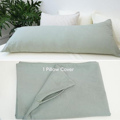 MooMee Body Pillow Cover Pillowcase with Zipper 100% Washed Cotton Linen Like Textured Breathable Durable Soft Comfy (Sage Green, 21”x54”, 1PC)