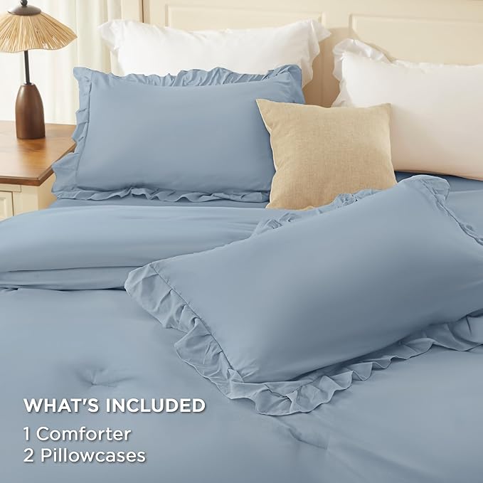 Andency Grayish Blue Queen Comforter Set, 3 Pieces Farmhouse Shabby Chic Ruffle Bedding Comforter Sets, All Season Lightweight Fluffy Soft Polyester Bed Set for Boys, Men, Adults (90x90Inch)