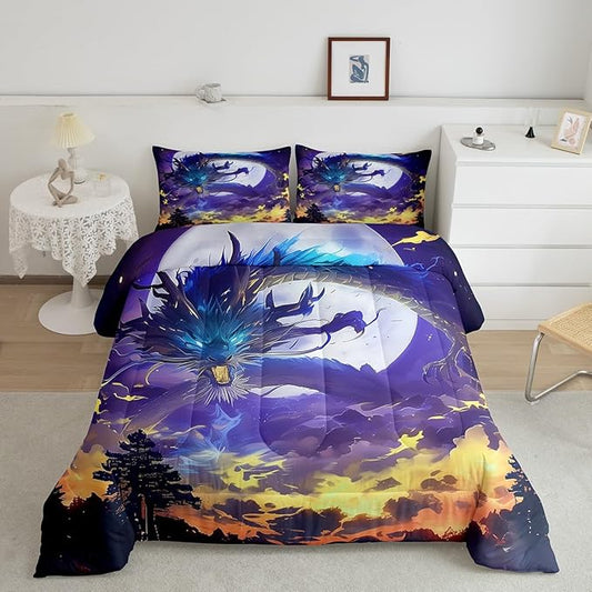 Fire Dragon Comforter Set King Size,Moon Starry Sky Bedding Set 3Pcs,Kids Boys Girls Room Decor Volcano Purple Nebula Printed Quilt Set Fantasy Style Magical Animals Theme Duvet Insert,2 Pillowcases