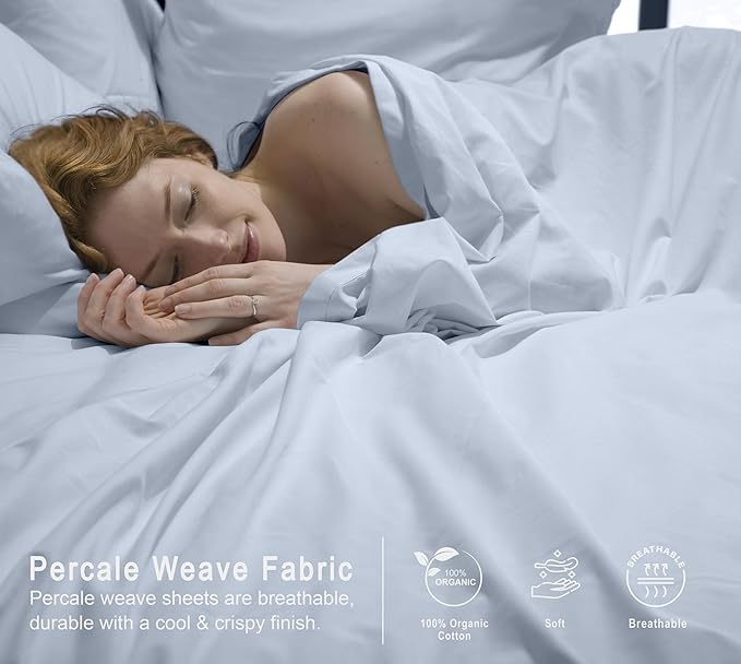 RUVANTI 100% Organic Cotton Sheets Queen Size, Percale Weave, GOTS Certified, 4-Piece Set, Deep Pocket 15", Crisp & Breathable, Soft Durable Bedding, Sábanas Algodón Orgánico – Arctic Ice