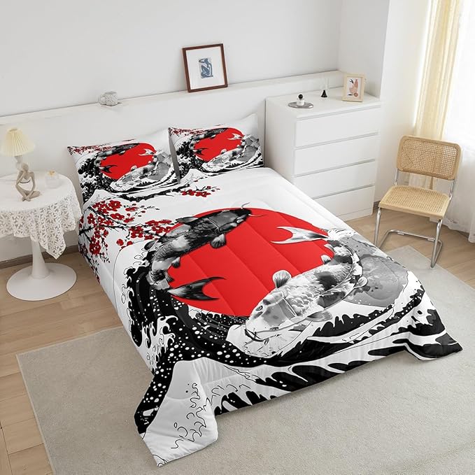 Mount Fuji Quilt Japanese Style Koi Fish Duvet Insert Ukiyo-E Theme Comforter Set Mountain Cherry Blossom Red Sun Ink Painting Down Comforter 3 Pieces with 2 Pillow Cases, King Size Black White