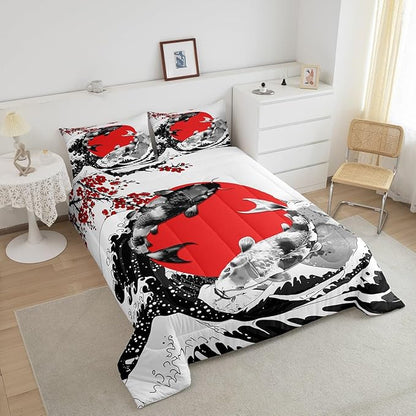 Mount Fuji Quilt Japanese Style Koi Fish Duvet Insert Ukiyo-E Theme Comforter Set Mountain Cherry Blossom Red Sun Ink Painting Down Comforter 3 Pieces with 2 Pillow Cases, King Size Black White
