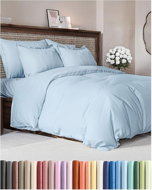 Duvet Cover King Size Set - Extra Soft King Duvet Cover 104" x 90" with 2 Pillow Shams - Hotel Luxury, Easy Care & Fade Free w/ Zipper Closures & Ties - All Season, Comfy and Breathable (Light Blue)