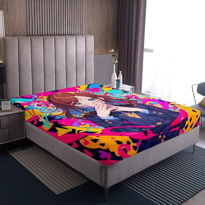 Erosebridal Anime Girl Full Bed Sheets, Japanese Anime Bedding Set 3 Piece for Kids Girls Teens Adult Bedroom Decor, Cartoon Girl Fitted Sheet Kawaii Japanese Animation Sheets