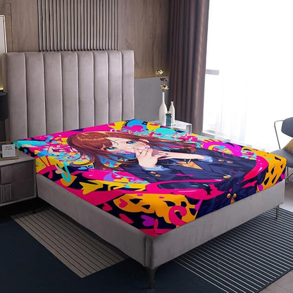 Erosebridal Anime Girl Full Bed Sheets, Japanese Anime Bedding Set 3 Piece for Kids Girls Teens Adult Bedroom Decor, Cartoon Girl Fitted Sheet Kawaii Japanese Animation Sheets