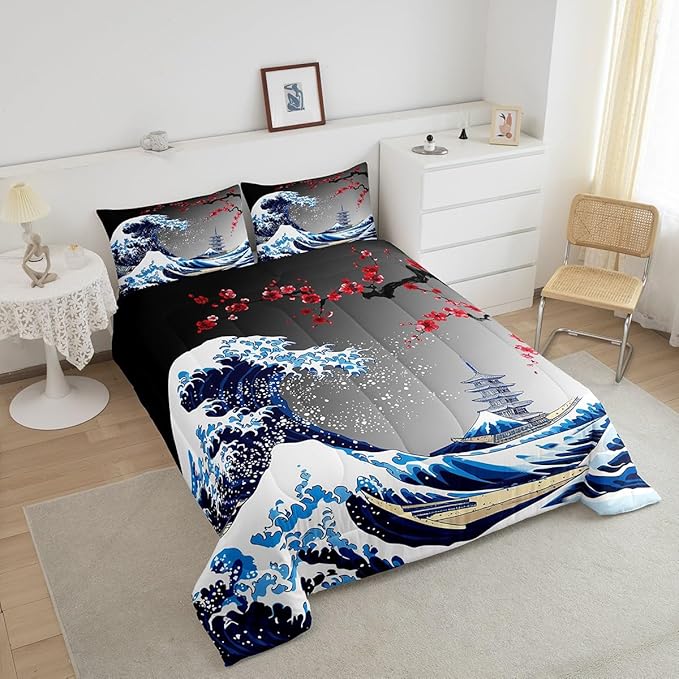 Castle Fairy Ukiyoe Ocean Wave Bedding Set King Size Japanese Style Comforter Set for Girls Boys Historical Building Boat Down Comforter Red Plum Blossom Flower Quilt Set with 2 Pillowcases