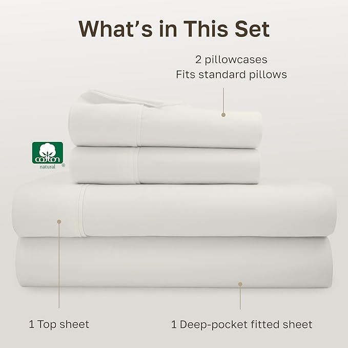 California Design Den Natural 100% Cotton Sheets, Full Size Sheets Set, 400 Thread Count Sateen, Deep Pockets with All-Around Elastic for a Snug Fit, Durable Bedding Set - Ivory (Pale Tone)
