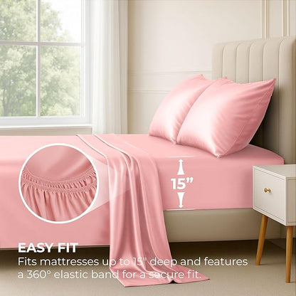 Pure Bedding Satin Sheets Full [4-Piece, Pink] Hotel Luxury Silky Bed Sheets - Extra Soft 1800 Microfiber Sheet Set, Wrinkle, Fade, Deep Pocket Fitted Sheet, Flat Sheet, Pillow Cases