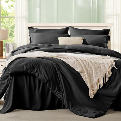 Anluoer Black California King Comforter Set 7 Pieces, Bed in a Bag with Sheets, All Season Bedding Sets with 1 Comforter, 2 Pillow Shams, 2 Pillowcases, 1 Flat Sheet, 1 Fitted Sheet