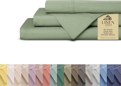 Linen Home 100% Cotton Percale Sheets King Size, 4-Piece Set - Crisp, Soft, Cool & Breathable, Deep Pocket Fits 16" Mattress, Long-Staple Combed Cotton, Hotel Style, Oil Green