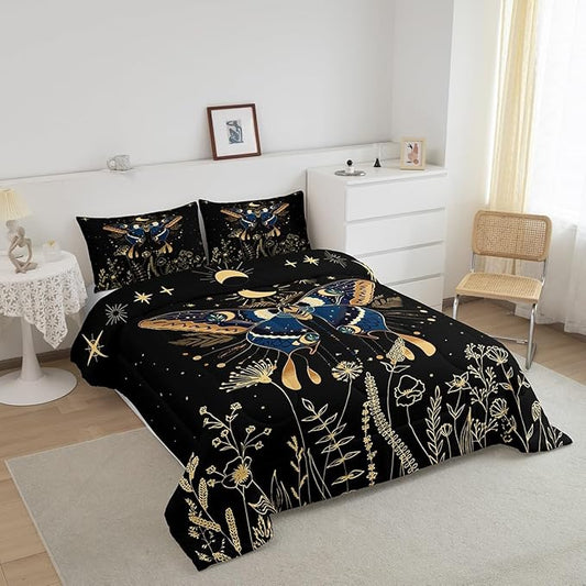 Erosebridal Butterfly Bedding Set Full, Halloween Boho Moth Comforter Set for Adult Women Men 3Pcs,Black Starry Sky Down Comforter Boho Exotic Moon Star Comforter Flower Weed Botanical Duvet Insert