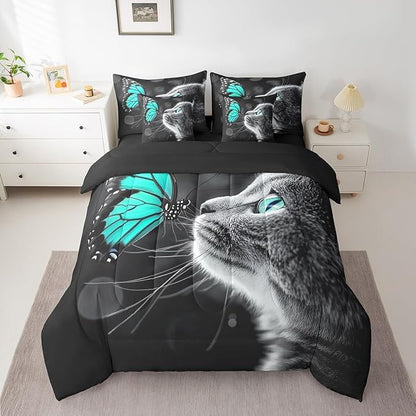 Feelyou Cute Cat Comforter Set 7 Pieces King Size Butterfly Bedding Set for Boys Girls Kawaii Pet Kitten Bed in a Bag with Comforter, Sheets, Pillowcases & Cushion Covers