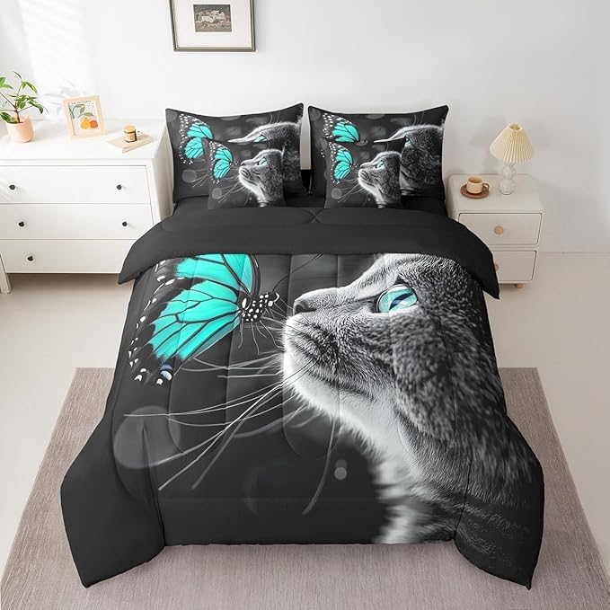 Feelyou Cute Cat Comforter Set 7 Pieces Queen Size Butterfly Bedding Set for Boys Girls Kawaii Pet Kitten Bed in a Bag with Comforter, Sheets, Pillowcases & Cushion Covers
