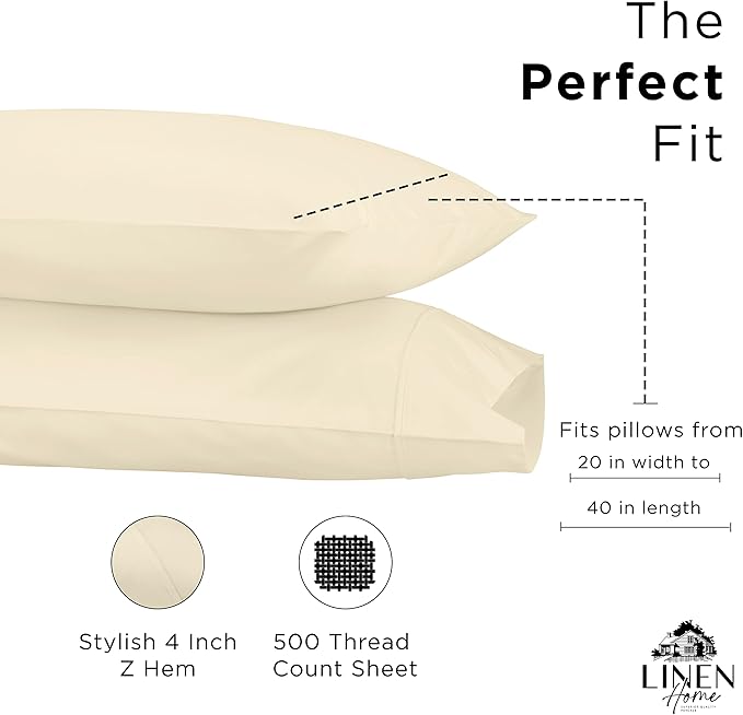 Linen Home 500 Thread Count King Pillowcase Set | 100% Long-Staple Cotton Pillow Cases | Soft & Smooth Luxury Satin Set of 2 Pillowcases | 4 Inch Z Hem | Ivory