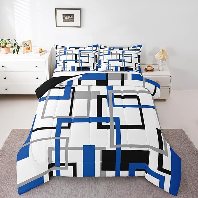 Erosebridal Grid Comforter Set,White Black Grey Blue Square Bedding Set,Geometric Stripes Bold Lines Quilted Duvet Full Warm for Kids Teens Adult,Modern Creative Art Down Comforter with 2 Pillowcases