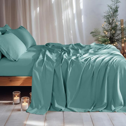 LBRO2M 100% Pure Linen Sheet Set Deep Pocket Up to 16" Bed Sheets Sets, Natural Flax Beddings Soft, Breathable, Comfortable for All Seasons 6 Pcs Sheet Set King Size, Aqua