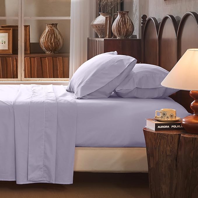 100% Linen Sheet Set Cal King Size Extra Deep Pocket Fits 18-24 Inch Mattress, Breathable & Soft, Smooth 4-Piece Set for Thick Mattresses Hotel Luxury Bedding（Cal King, Light Purple）