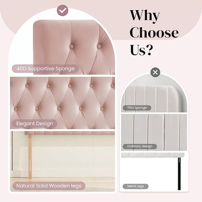Tufted Upholstered Full Size Bed Headboard in Modern Button Design, Adjustable Solid Wood Head Board, Premium Velvet Fabric Padded Headboards in Bedroom (Pink)