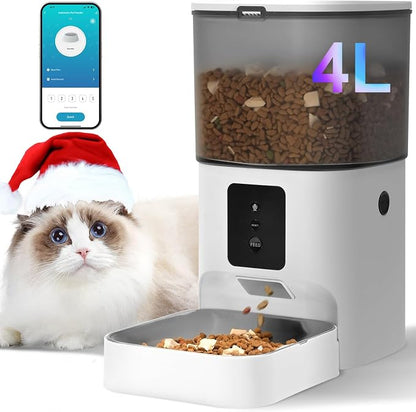 2.4G Automatic Cat Feeder, 4L WiFi Food Dispenser with 10s Voice Recorder, Pet Feeder up to 10 Meals per Day, Timed Cat Feeder with Dry Food Sealed Ring