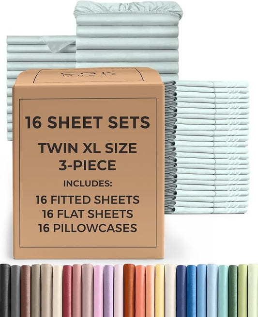 Bulk Case Pack of 16 Sheet Sets - (16) Complete Twin XL Size Sheet Sets w/ Deep Pockets - Wholesale Bulk Bedding for Hotels, Spas & Airbnbs - Breathable, Cooling & Wrinkle Free - (Twin XL, Ice Blue)
