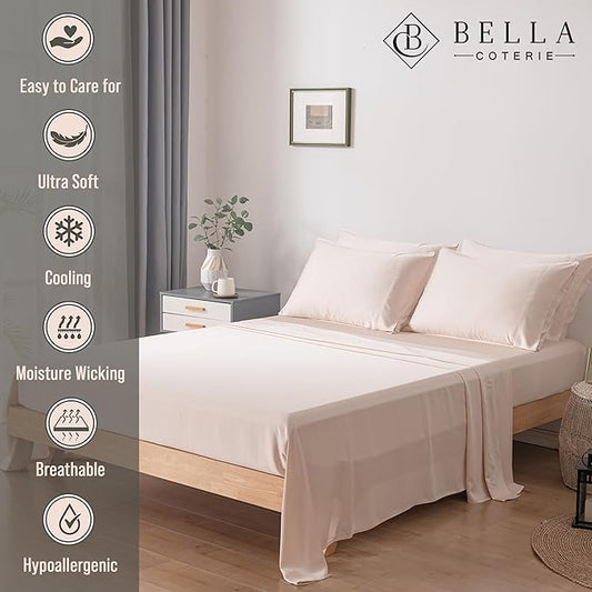 Bella Coterie 6 Piece Luxury Bamboo Viscose California King Size Sheet Set | 100% Organically Grown | Cooling for Hot Sleepers | 18" Deep Pocket | Soft & Hypoallergenic | 4 Pillowcases [Champagne]
