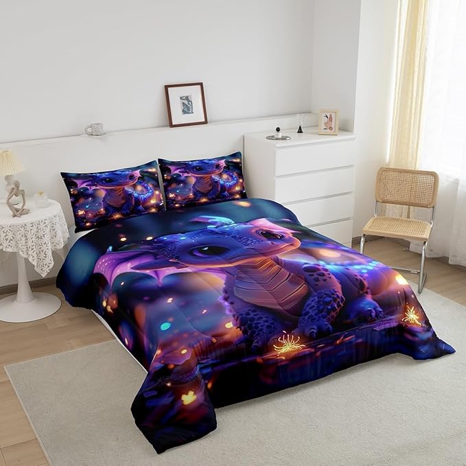 Castle Fairy Cute Dragon Bedding Set Queen Size Mysterious Jungle Comforter for Child Toddler Teens Kawaii Western Dragon Animal Down Comforter Glitter Plant Duvet Insert with 2 Pillowcases