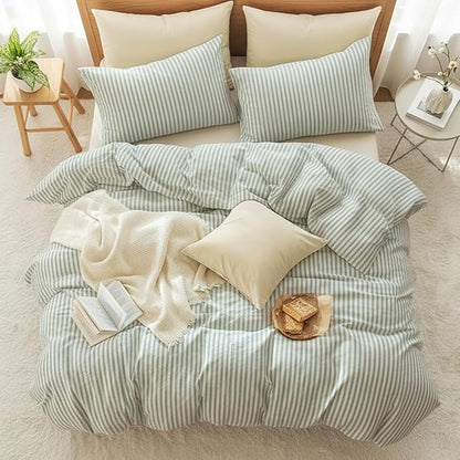 Nayoroom Striped Duvet Cover Queen Size - 100% Washed Cotton White Duvet Cover with Green Stripes Pattern, 3 Pieces Soft Breathable Girls Dorm Bedding Set for Hot Sleepers, Yarn Dyed Process