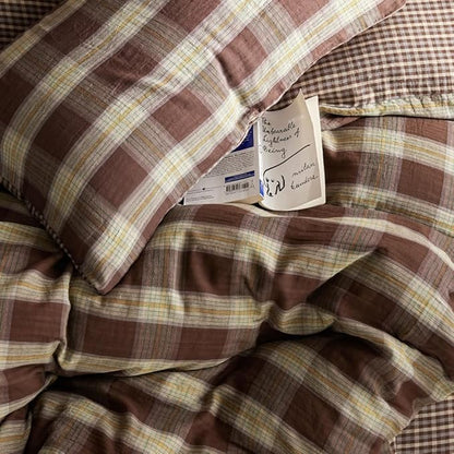 EAVD Vintage Coffee Gingham Comforter Set Queen Soft 100% Muslin Cotton Chic Shabby Yellow Green Grid Checkered Pattern Bedding Set with 2 Pillowcases Reversible Farmhouse Plaid Comforter Set