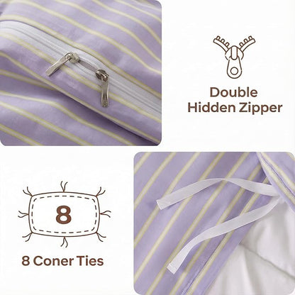 Bedbay Lavender Striped Duvet Cover Set Queen Size, 100% Cotton Sateen Bedding Set, Silky Soft Light & Fresh 3 Piece Duvet Cover for All Seasons