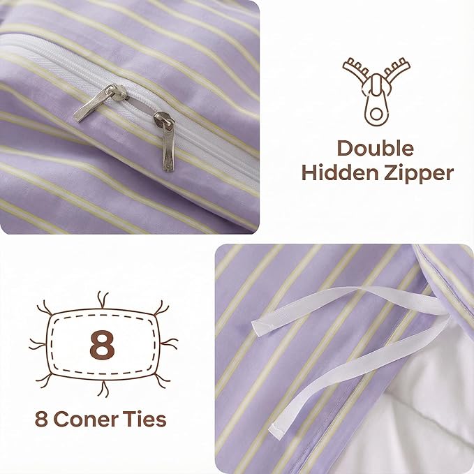 Bedbay Lavender Striped Duvet Cover Set King Size, 100% Cotton Sateen Bedding Set, Silky Soft Light & Fresh 3 Piece Duvet Cover for All Seasons